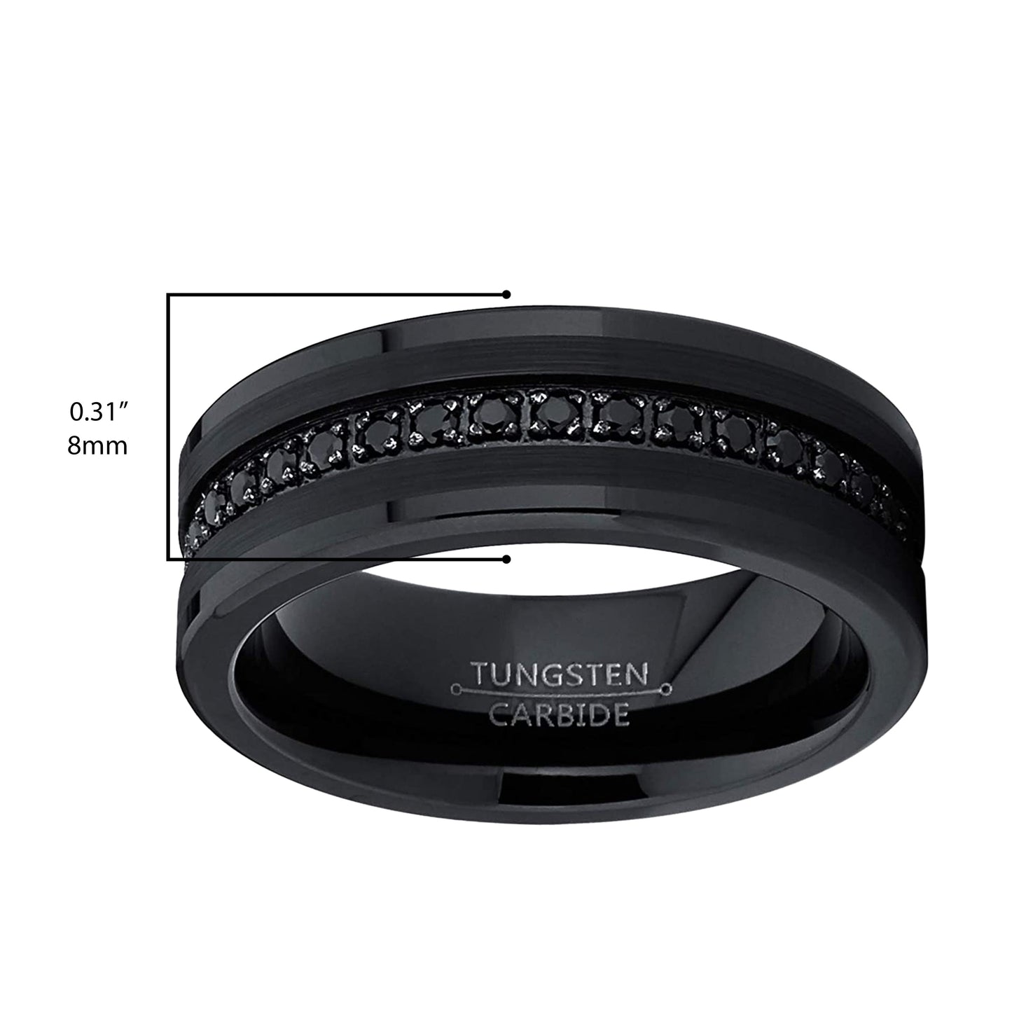 Men Genuine Tungsten Black Band Eternity Ring Cubic Zirconia Comfort-Fit