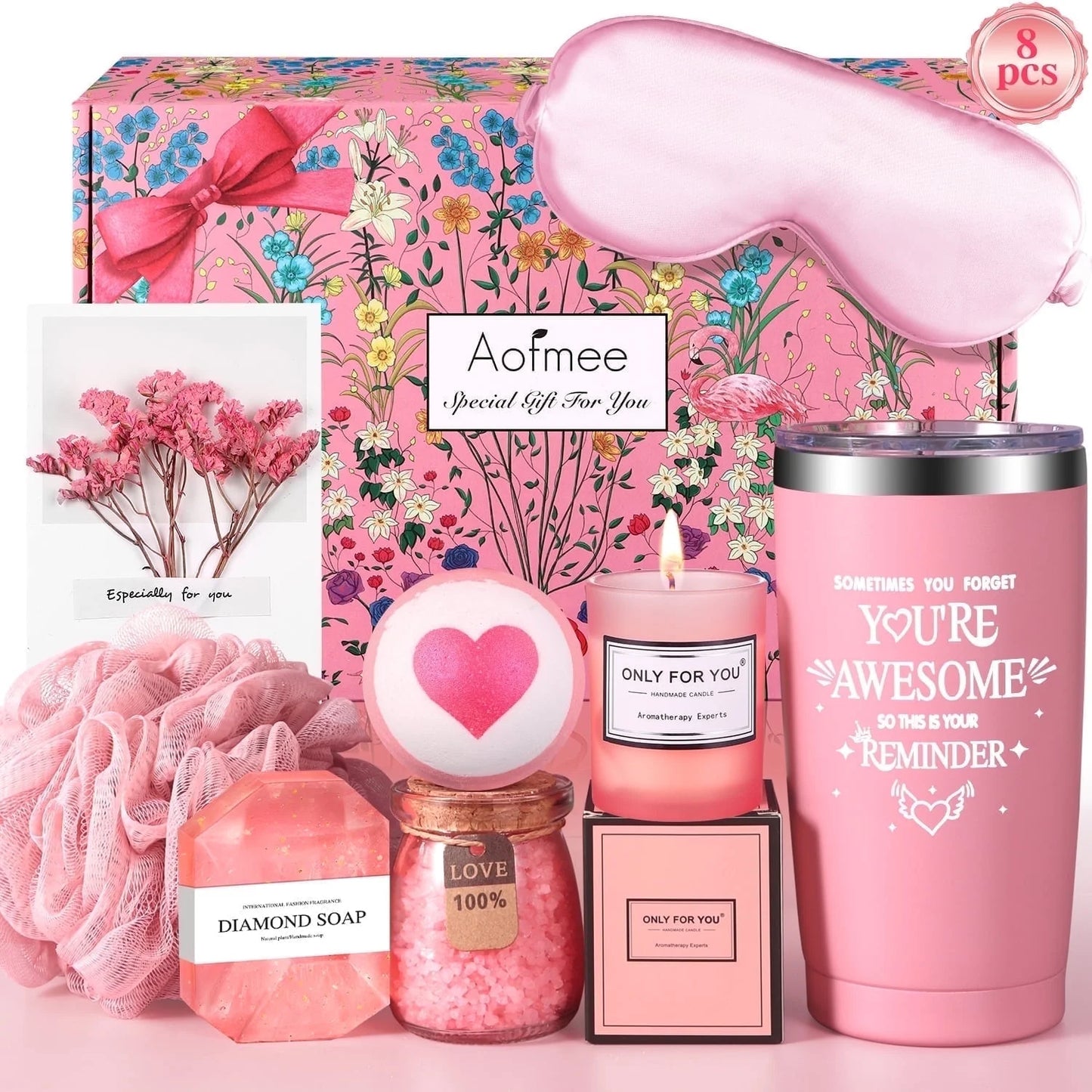 Gift Baskets for Women, 8 Pcs Rose Bath and Body Set, Beauty Spa Holiday Birthday Gifts for Her, Pink