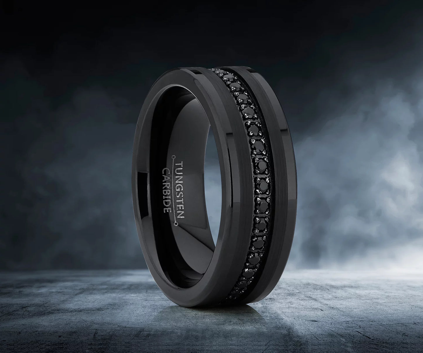 Men Genuine Tungsten Black Band Eternity Ring Cubic Zirconia Comfort-Fit