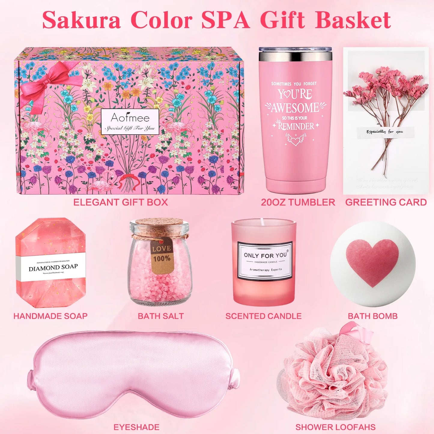 Gift Baskets for Women, 8 Pcs Rose Bath and Body Set, Beauty Spa Holiday Birthday Gifts for Her, Pink