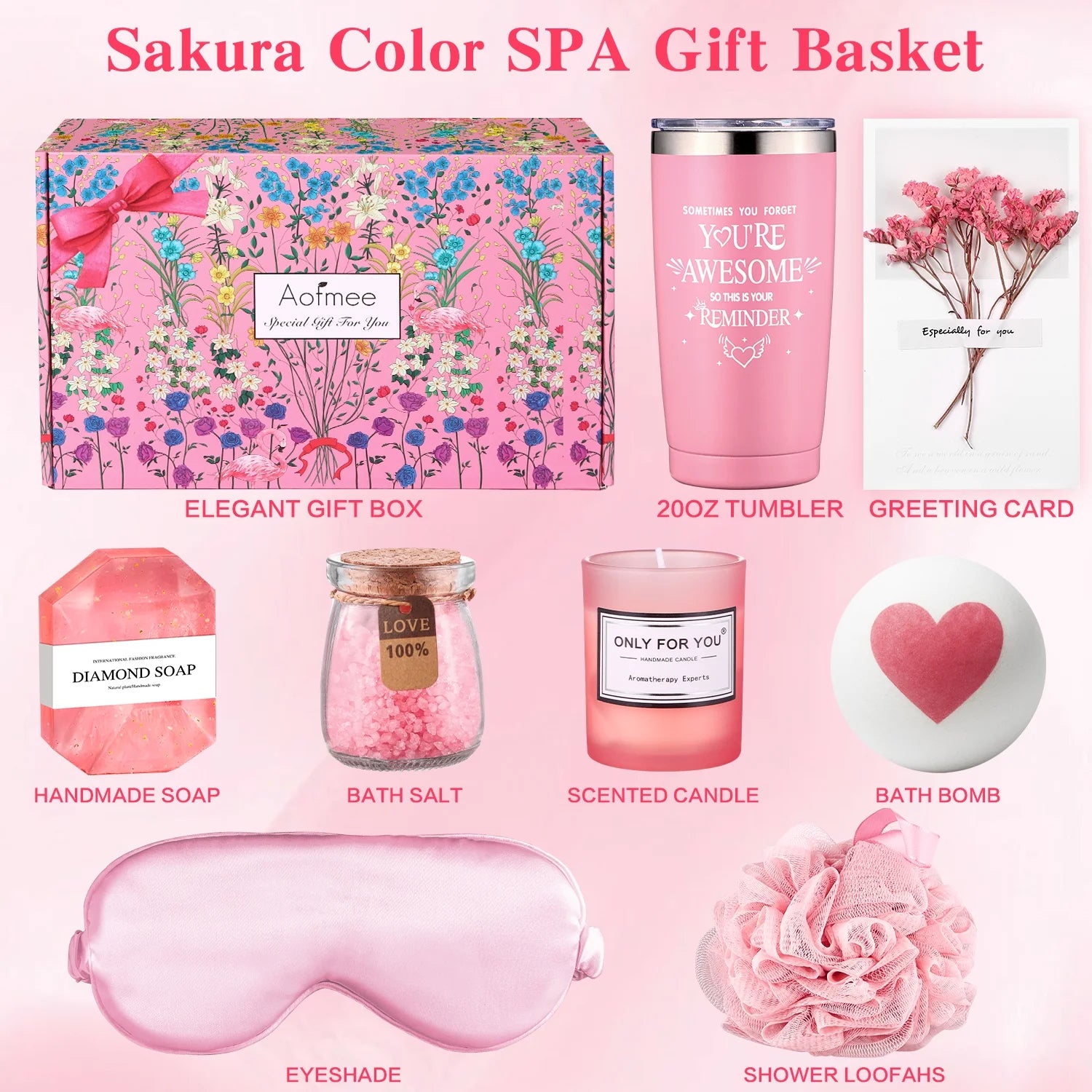 Gift Baskets for Women, 8 Pcs Rose Bath and Body Set, Beauty Spa Holiday Birthday Gifts for Her, Pink