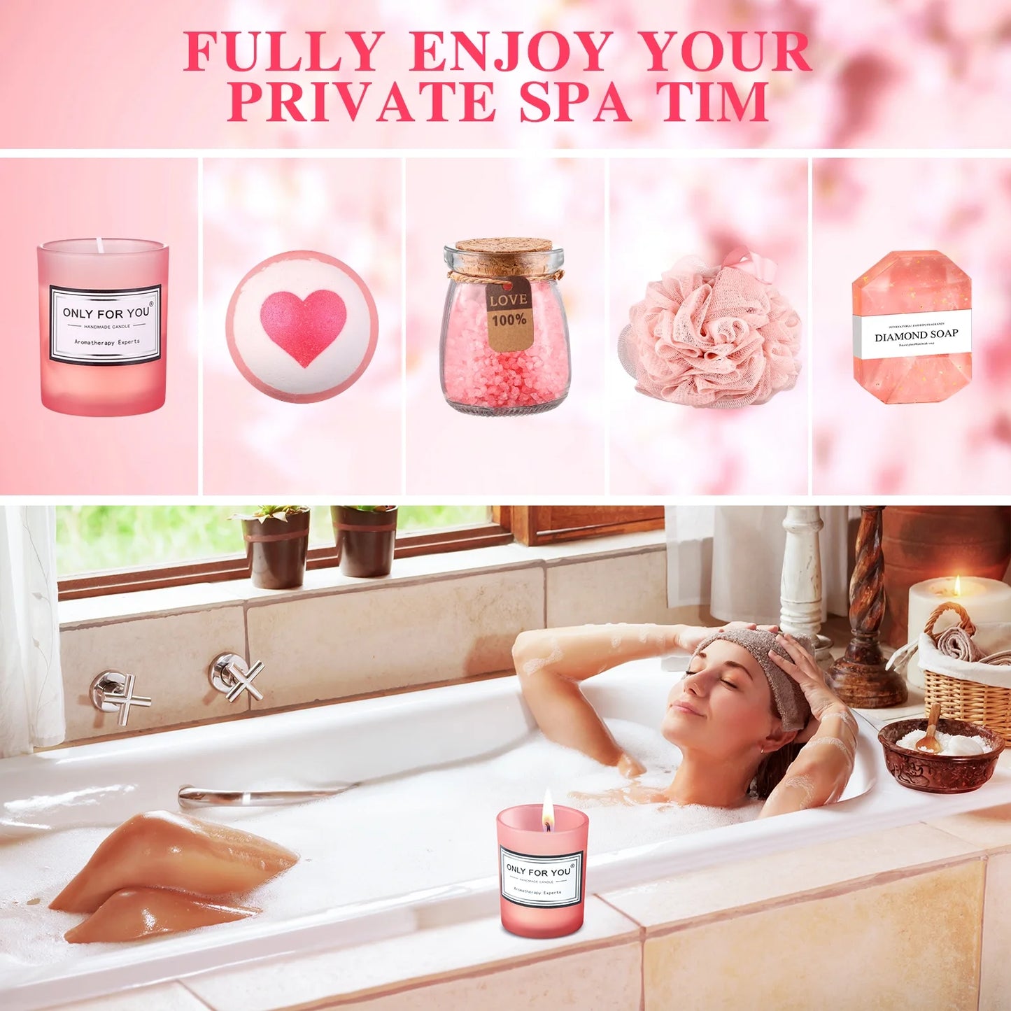 Gift Baskets for Women, 8 Pcs Rose Bath and Body Set, Beauty Spa Holiday Birthday Gifts for Her, Pink