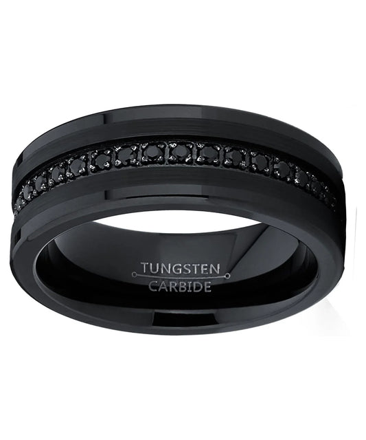 Men Genuine Tungsten Black Band Eternity Ring Cubic Zirconia Comfort-Fit