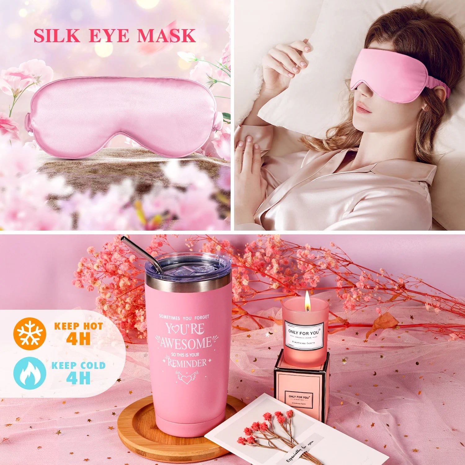 Gift Baskets for Women, 8 Pcs Rose Bath and Body Set, Beauty Spa Holiday Birthday Gifts for Her, Pink