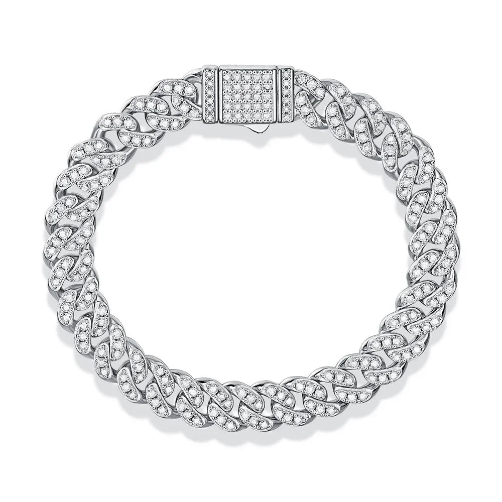 Men Cuban Chain Bracelet, Moissanite Diamond White Gold Plated Hip Hop Jewelry