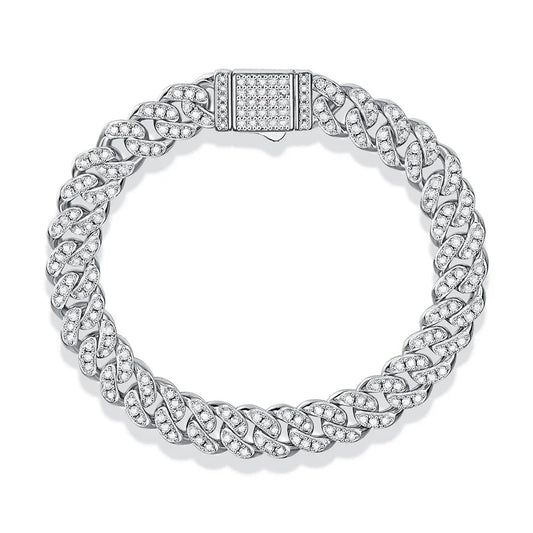 Men Cuban Chain Bracelet, Moissanite Diamond White Gold Plated Hip Hop Jewelry