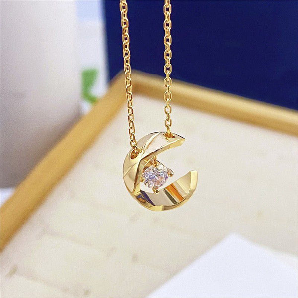 Women Diamond Necklace Pendant Luxury Jewelry Rhombic Pineapple Moon Star 18K Rose Gold   