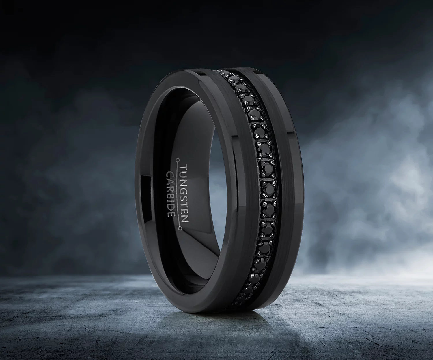 Men Genuine Tungsten Black Band Eternity Ring Cubic Zirconia Comfort-Fit